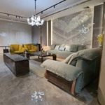 Light Green Velvet Sofa Set with Natural Wood Veneer & Polished Stainless Steel Legs